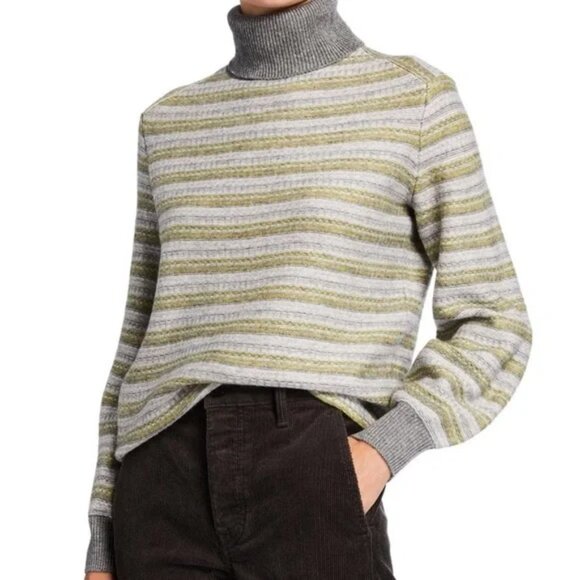 Vince Wool Cashmere Striped Knit Turtleneck Puff Sleeve Crop Gray Yellow Medium - Picture 1 of 8